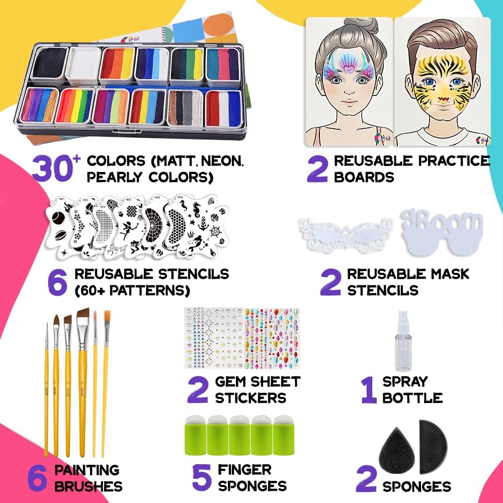 OPHIR Professional Face Painting Kit for Kids & Adults, 5.14 oz Non Toxic Water Activated Rainbow Split Cake Face Paint with Stencils, Brushes, Practice Boards for Summer Fun Halloween Party Festivals - Image 3