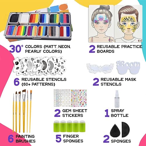 Miniatura 3 de OPHIR Kit de pintura facial arcoíris para fiesta de niños, 5.14 onzas activada por agua, pintura facial para tartas, kit de maquillaje con Juego