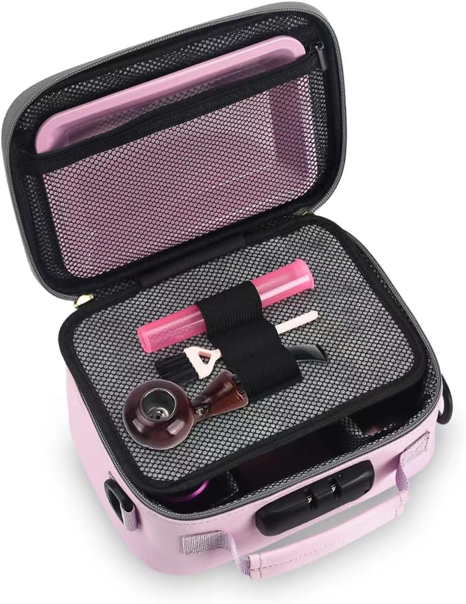 Gosstek Pink PU Leather Travel Storage Bag with Combination Lock, Heavy Duty Organizers Carrier Box case with Shoulder Strap for Home and Travel, Great Gift for Women.