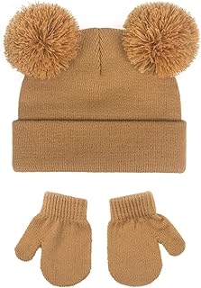 Juego de guantes de gorro a juego para niños, juego de 2 piezas/set elástico de punto grueso monocolor de dibujos animados decoración de orejas mantiene al bebé caliente en climas fríos gorra para