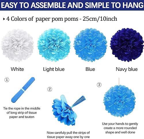 Miniatura 13 de Decoración de fiesta de feliz cumpleaños azul marino y dorado, 24 abanicos de papel colgantes, guirnalda de flores con pompones, guirnalda