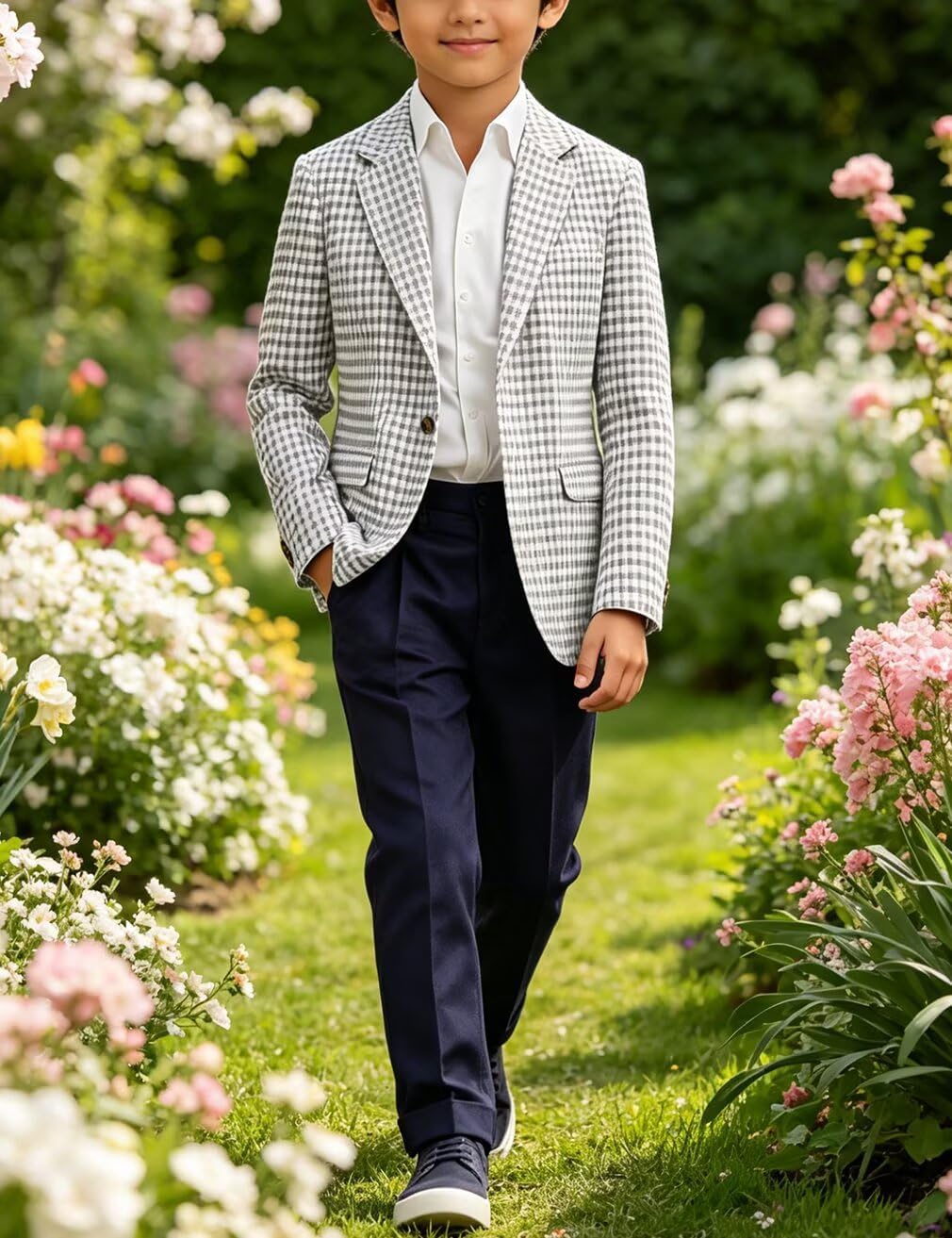 Boys Gingham Blazer Summer Slim Fit Jacket Lightweight Cotton Sport Coat for Wedding Communion Party