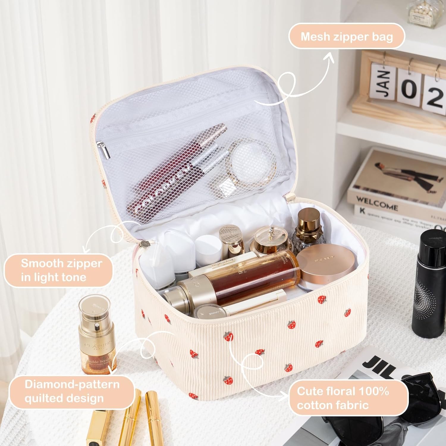 Makeup Bag for Women Quilted Corduroy Make Up Bag Travel Cosmetic Bag Large Makeup Bag Cute Makeup Bags Organizer Toiletry Bag Makeup Pouch for Purse, Mini Strawberry - Image 4