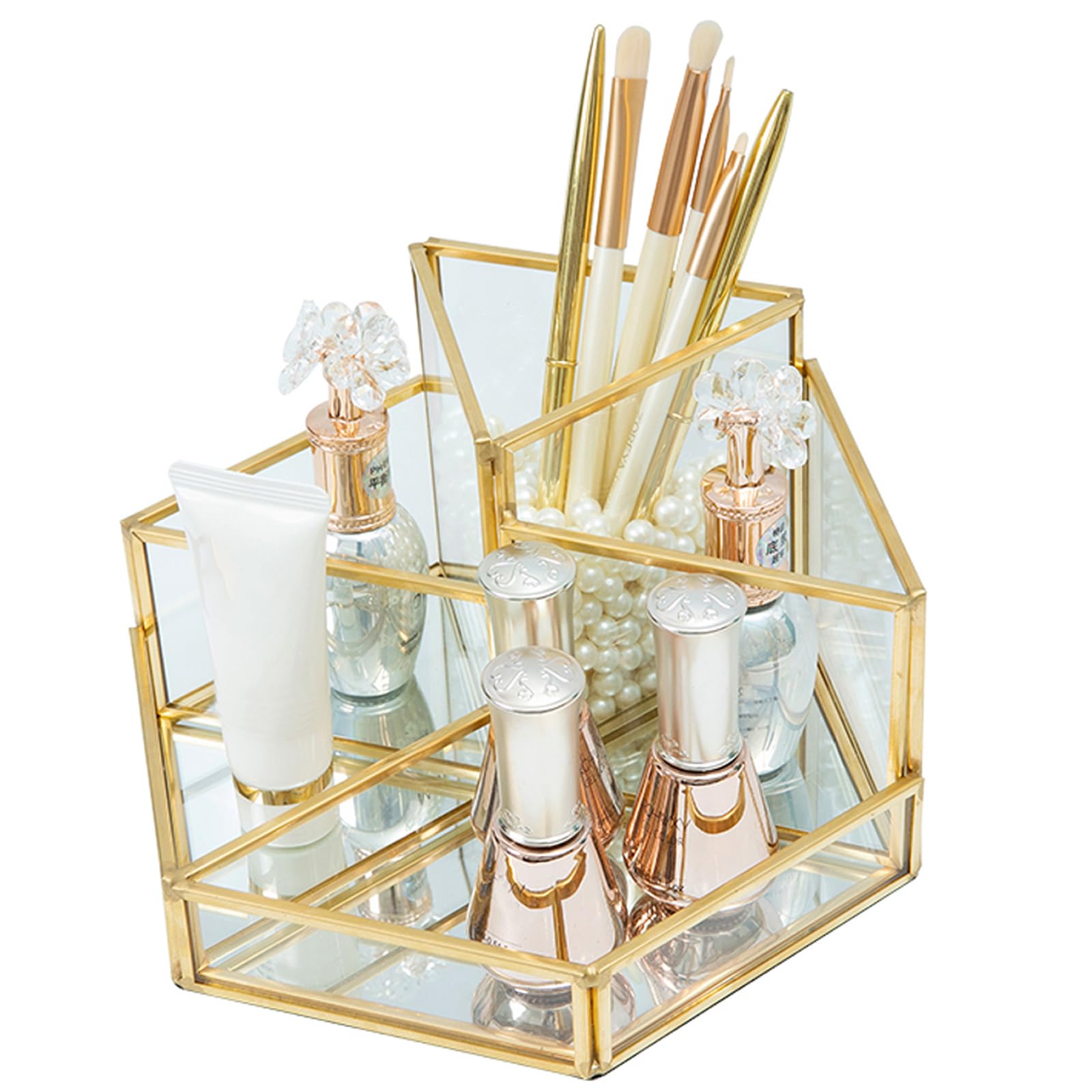 HARLIANGXY - Cosmetic Organizer Gold - Makeup Brush Holder - Clear Makeup Organizer - Desktop Storage Box - Glass Perfume Jewellery Organiser Tray - Vintage Glass Tray
