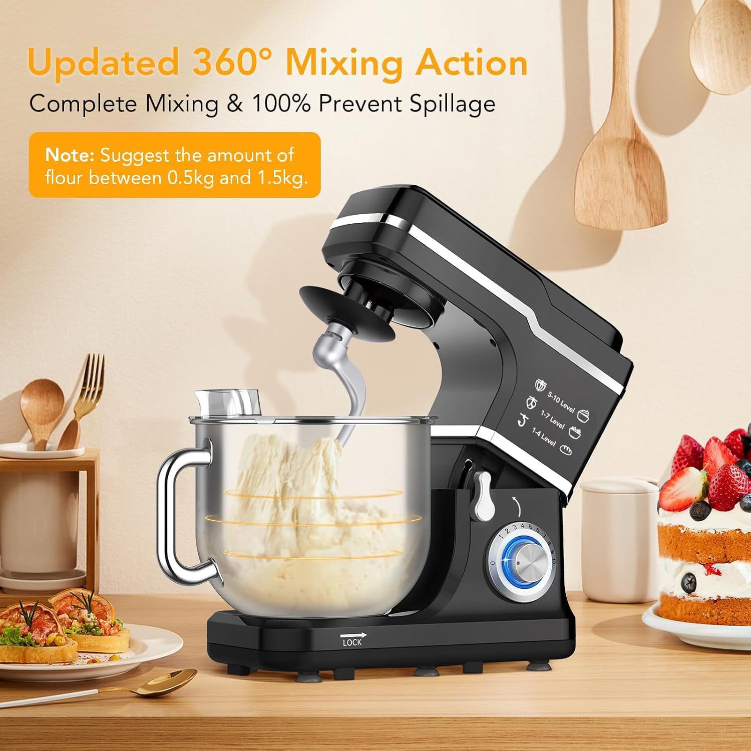 7.5QT Kitchen Stand Food Mixer, 10-Speed Tilt Head Portable Kitchen Mixer with Stainless Steel Bowl, Egg Whisk, Dough Hook, Beater, Splash Guard, Compact Dough Mixer for Baker, Beginners