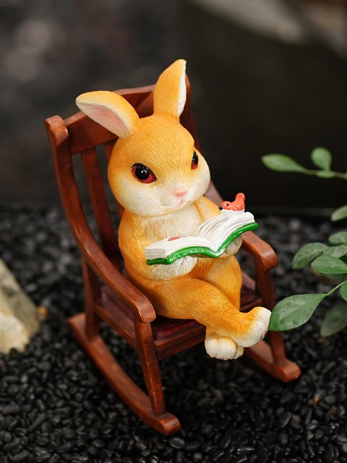 Cute Office Table Top Rabbit Reading Book Rocking Chair Ornament Garden Balcony Garden Landscaping Potted Plant Decoration