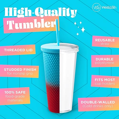 Miniatura 3 de WEST & FIFTH Vaso de 24 onzas con tapa y pajilla, reutilizable, con textura, sin BPA, con tachuelas mate (turquesa y coral)