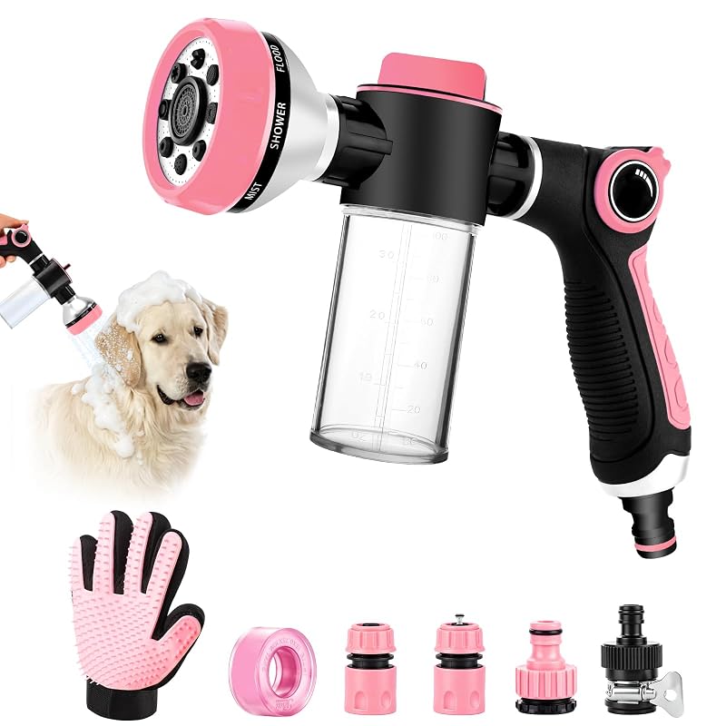Acessório de Banho para Cães com Mangueira, Esguicho com 8 Jatos, Dispensador de Sabão e Luva KSSZZCO PMQ01 Rosa
