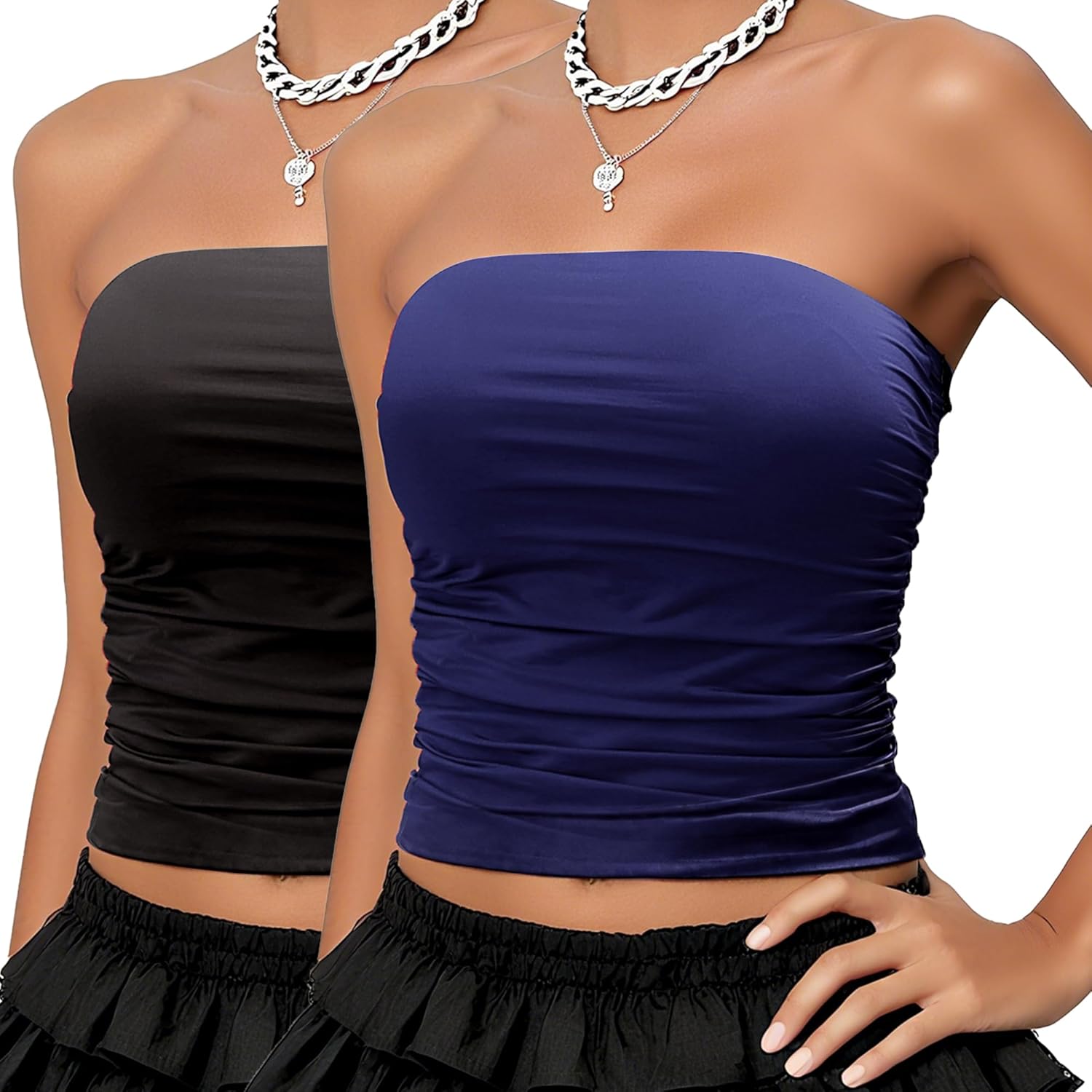 Silky Satin Tube Tops for Women Double Lined Ruched Side Sexy Y2K Crop Tops for Summer - Non Padded, 2 Packs