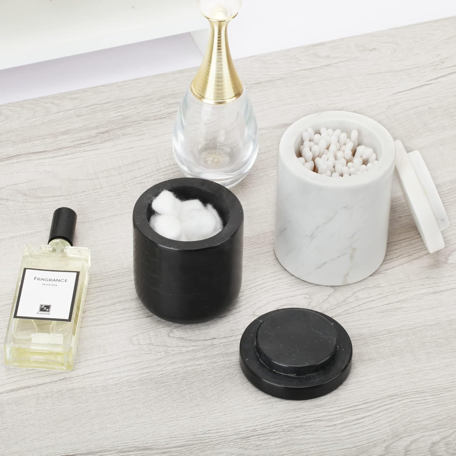 WORHE Marble Cotton Swabs Container, Marble Tray Set Jewelry & Perfume Storage Tray for Counter Kitchen Home Decor Storage Canisters with Lid for Bedroom Bathroom White