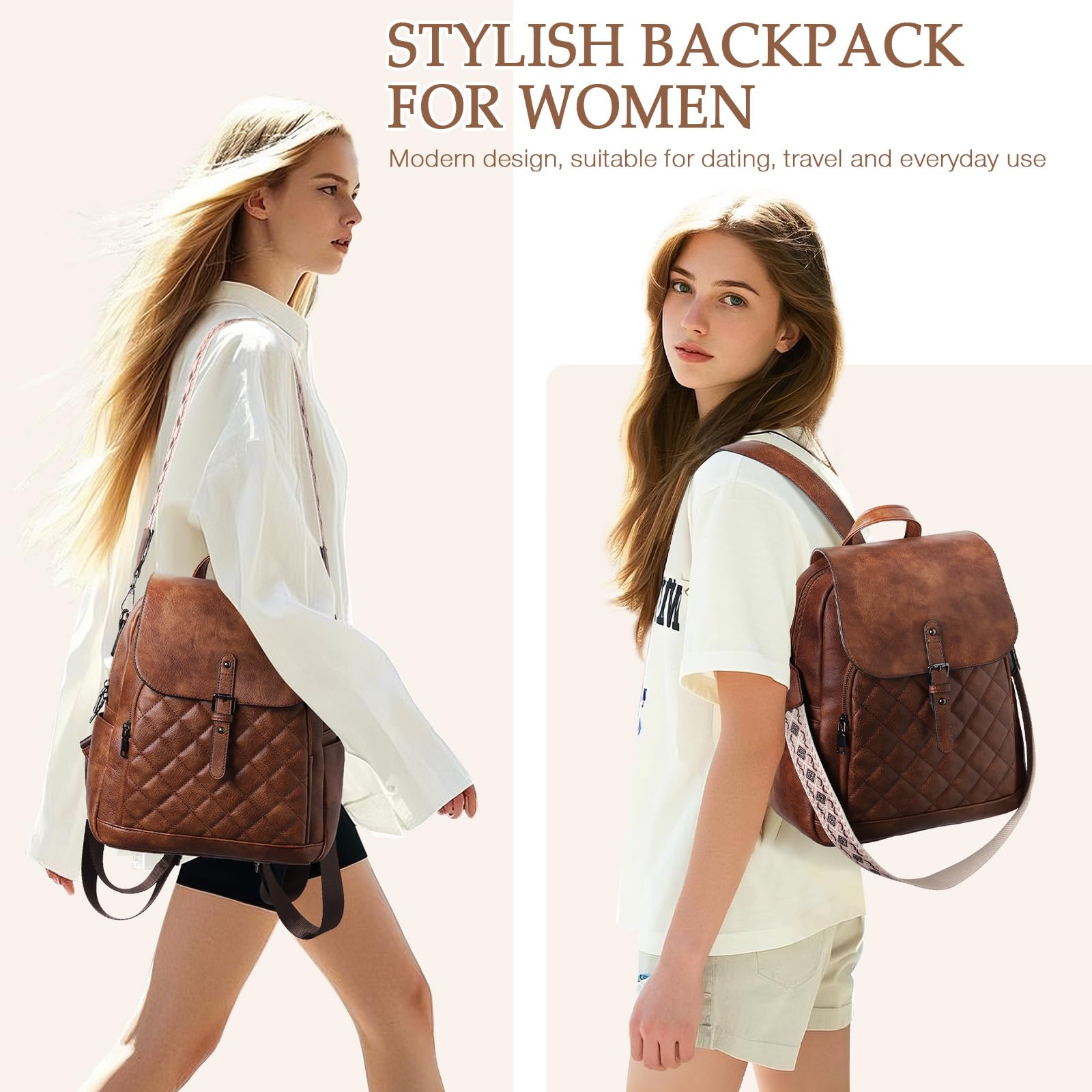 Chase Chic Rucksack Damen,11L Anti Diebstahl Leder Backpack Braun