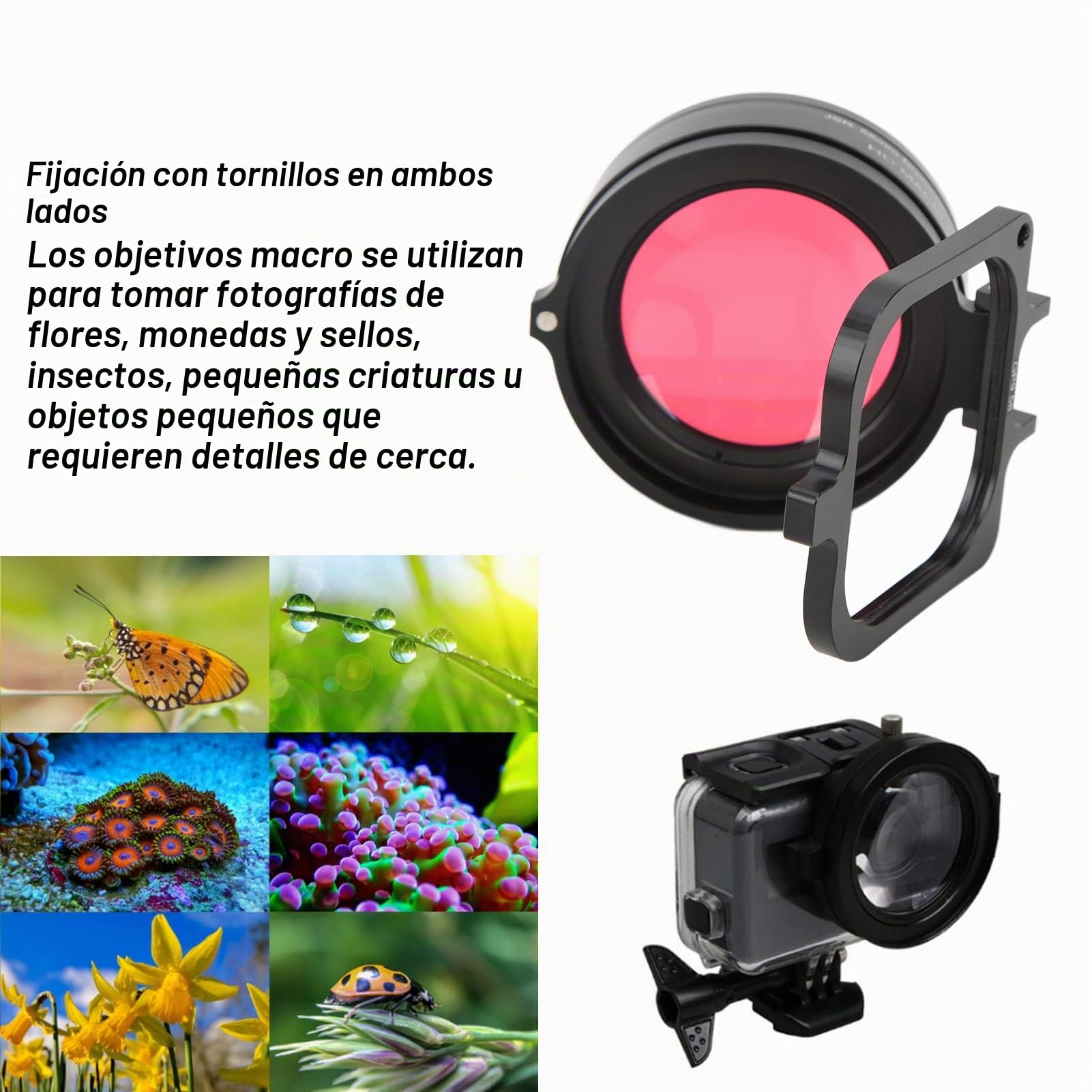 16X Kit de Filtro de Lente Macro, 58 Mm HD Juego de Filtros Rojo Púrpura Cámara Deportiva Filtro de Buceo Impermeable Filtros de Lente de Cámara de Movimiento de Buceo Subacuático, para Cámara Deporti