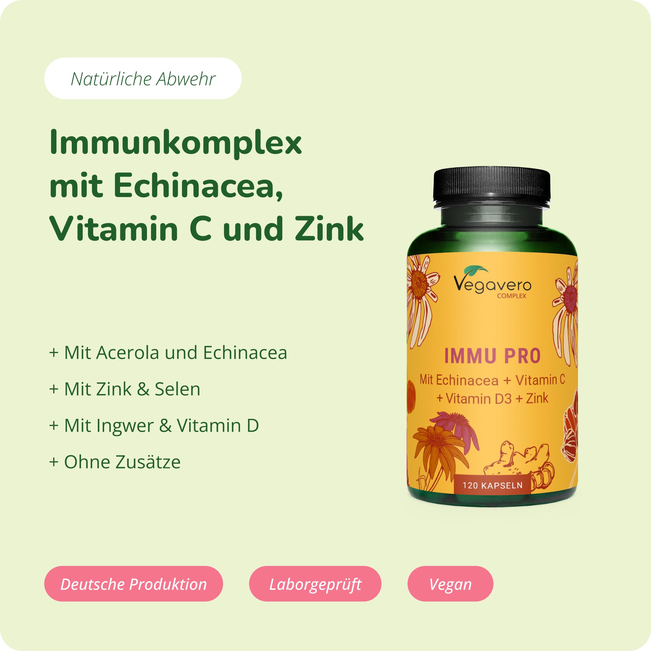 Vegavero Immunsystem Komplex – mit Echinacea, Acerola Vitamin C, Vitamin D3, Ingwer, Zink & Selen – vegane Immunformel ohne Zusatzstoffe – 120 Kapseln hochdosiert