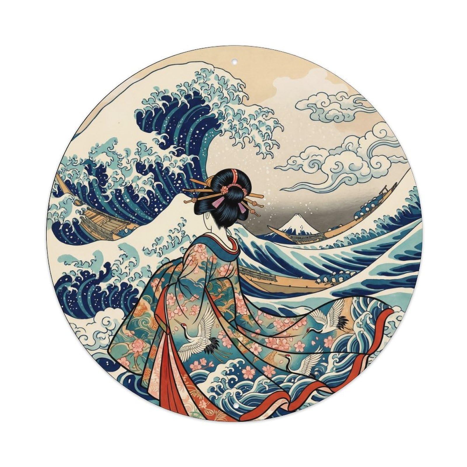 Galvaxio Style Japanese Kimono Woman Viewing Wave Pattern Ornament Metal Tin Sign