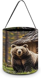 LYHVSFJW Halloween Basket Large Capacity Candy Bags Brown Bear Forest Lodge | Trick Or Treat Candy Bucket Bag with Handles, Reusable Personalized Snack Storage Basket for Holiday Party Favor Decor