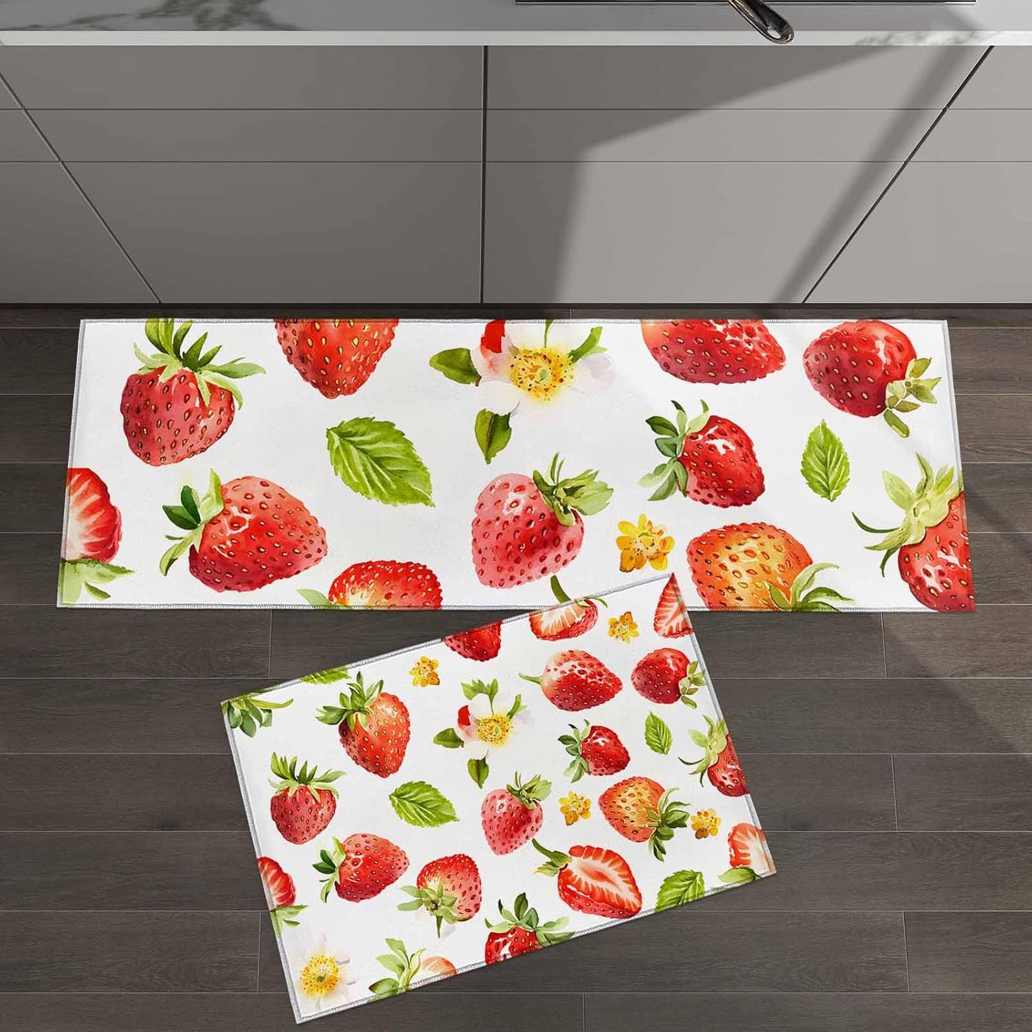 2 Pieces Kitchen Rugs and Mats,Summer Watercolor Strawberry Flower Area Runner Rug Set Non Slip Floor Doormat Washable Carpet Standing Mat for Kitchen Sink Indoor Corridor,Rustic Pastoral Fruit Art