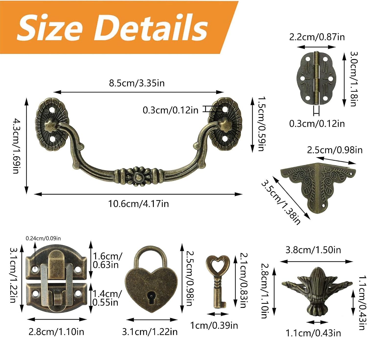 MOROBOR Jewelry Box Hardware Kit, Antique Bronze Lock Latch Hinges Handle Corner Protectors Set with Heart-Shaped Clasp DIY Wood Case Storage Box Feet Leg Decorative Accessories image 2
