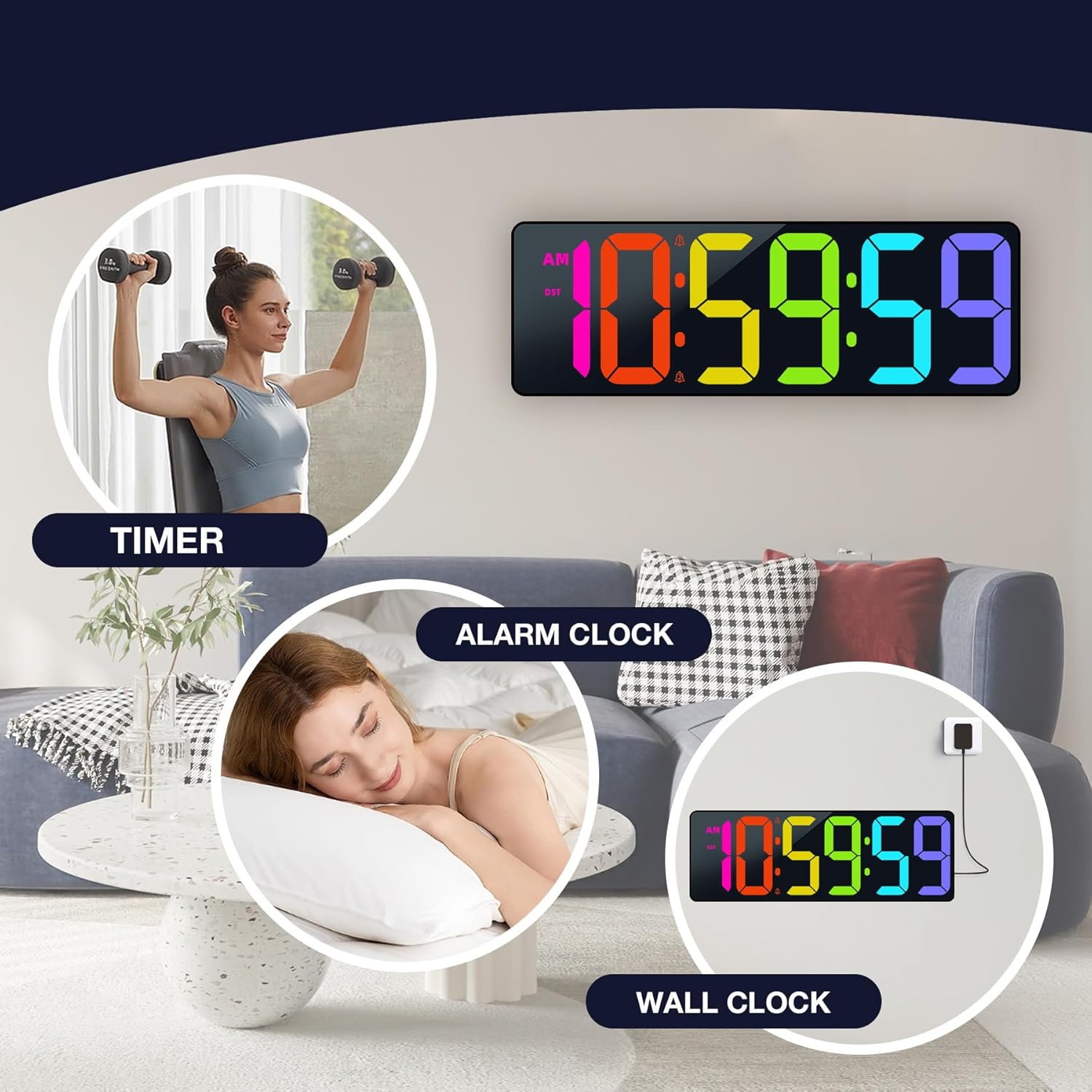 17.2" Large Digital Timer Wall Clock with Remote Control, Count Down Up Digital Timer, Auto DST LED Big Digital Clock for Bedroom Kitchen Living Room Office Gym Home Decor, RGB