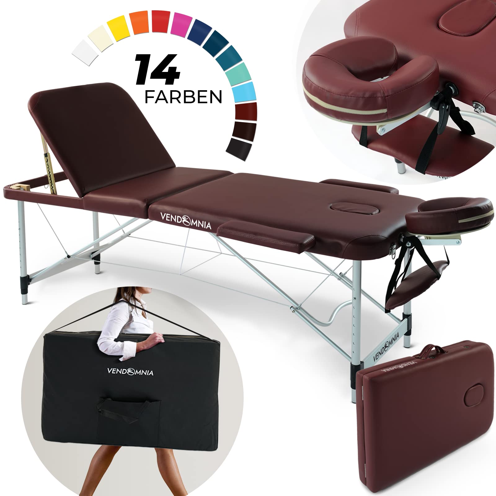 VENDOMNIA Mobile Massageliege - Aluminium mit 3 Zonen höhenverstellbar inkl. hochwertiger Kopfstütze Tasche Armlehnen - Farbwahl Klappbar, Massagetisch Massagebett Massagebank Behandlungsliege