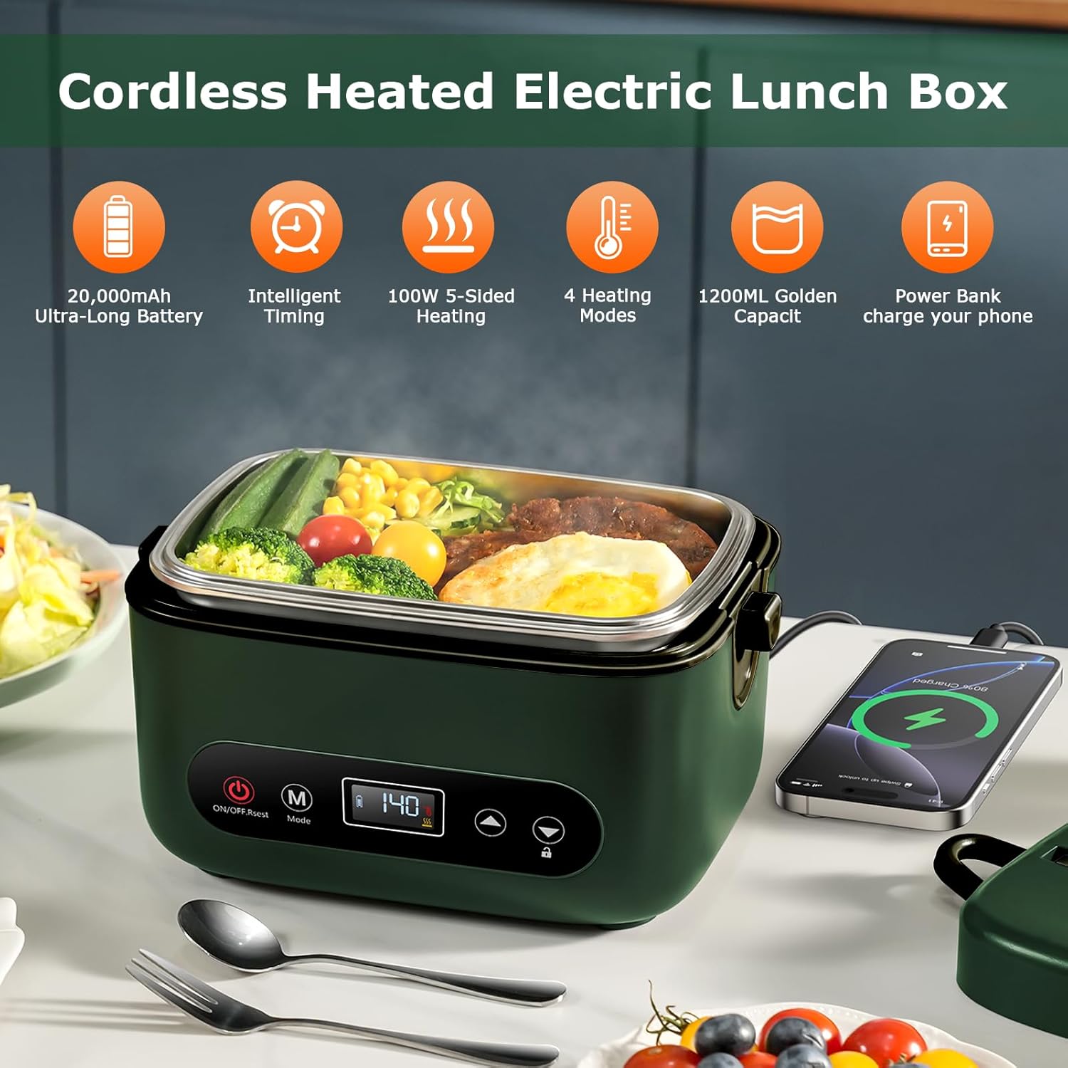 1.2L Cordless Electric Lunch Box – 20000mAh Rechargeable Portable Food Warmer with 5-Sided Heating, Auto Temperature Control, Leakproof & BPA-Free – Perfect for Office, Truck, Outdoors Green - Image 3