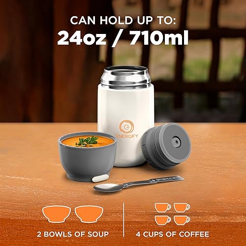 Miniatura 6 de ENERGIFY Tarro de comida aislado al vacío. Tazón grande de 24 onzas con cuchara plegable, taza. Boca ancha para mantener bebidas calientes y frías,