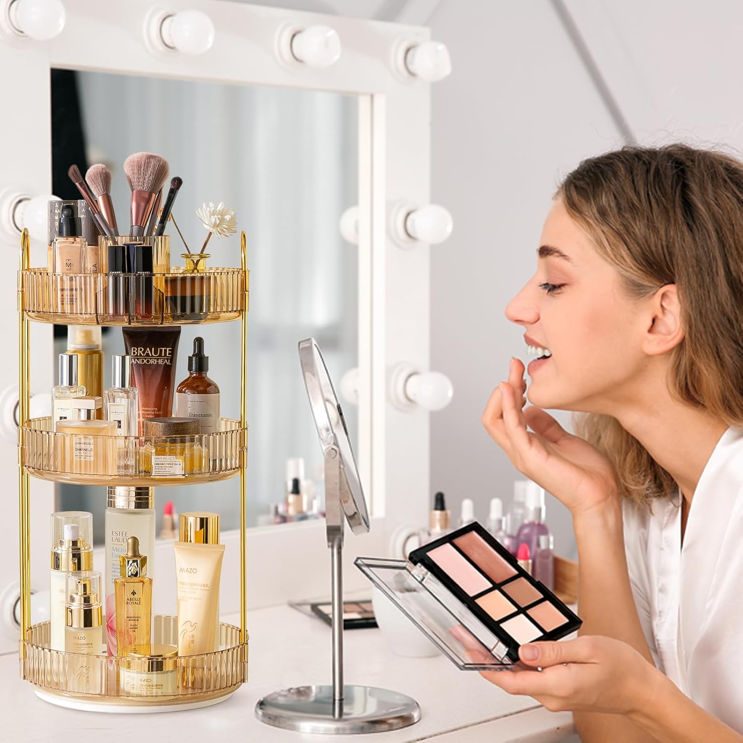 shuang qing Rotating Makeup Organizer for Vanity, High-Capacity Skincare Clear Make Up Storage Perfume Organizers Cosmetic Dresser Organizer Countertop 360 Spinning (Gold, New-3 Tier)