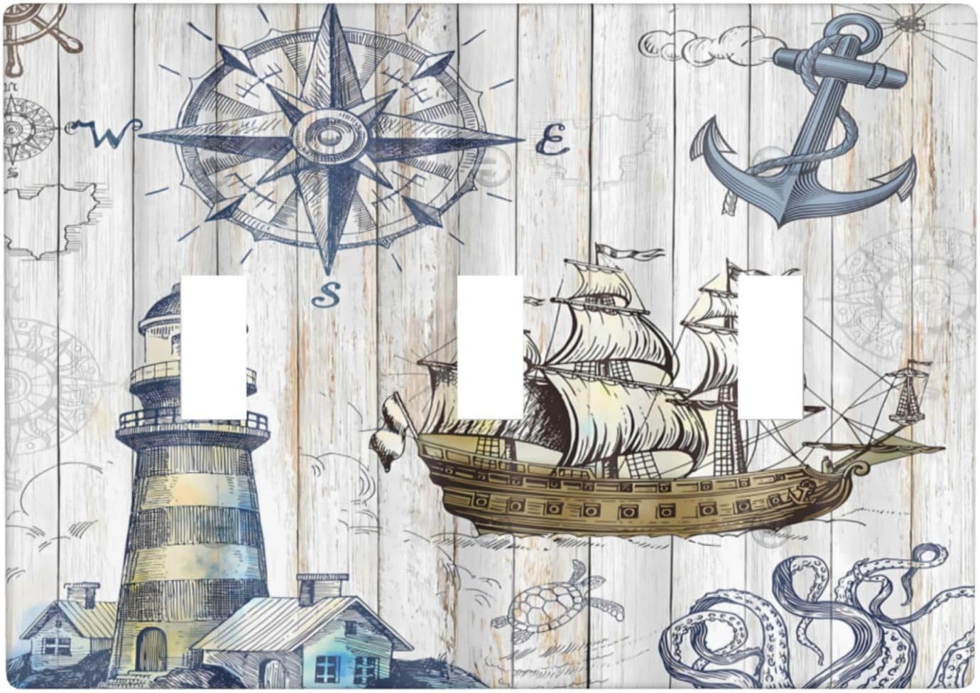Nautical Coastal Ocean Sailboat 1 Gang Single Toggle Light Switch Cover Lighthouse Compass Anchor Decorative Electrical Faceplate Wall Plate for Kitchen Bathroom Bedroom