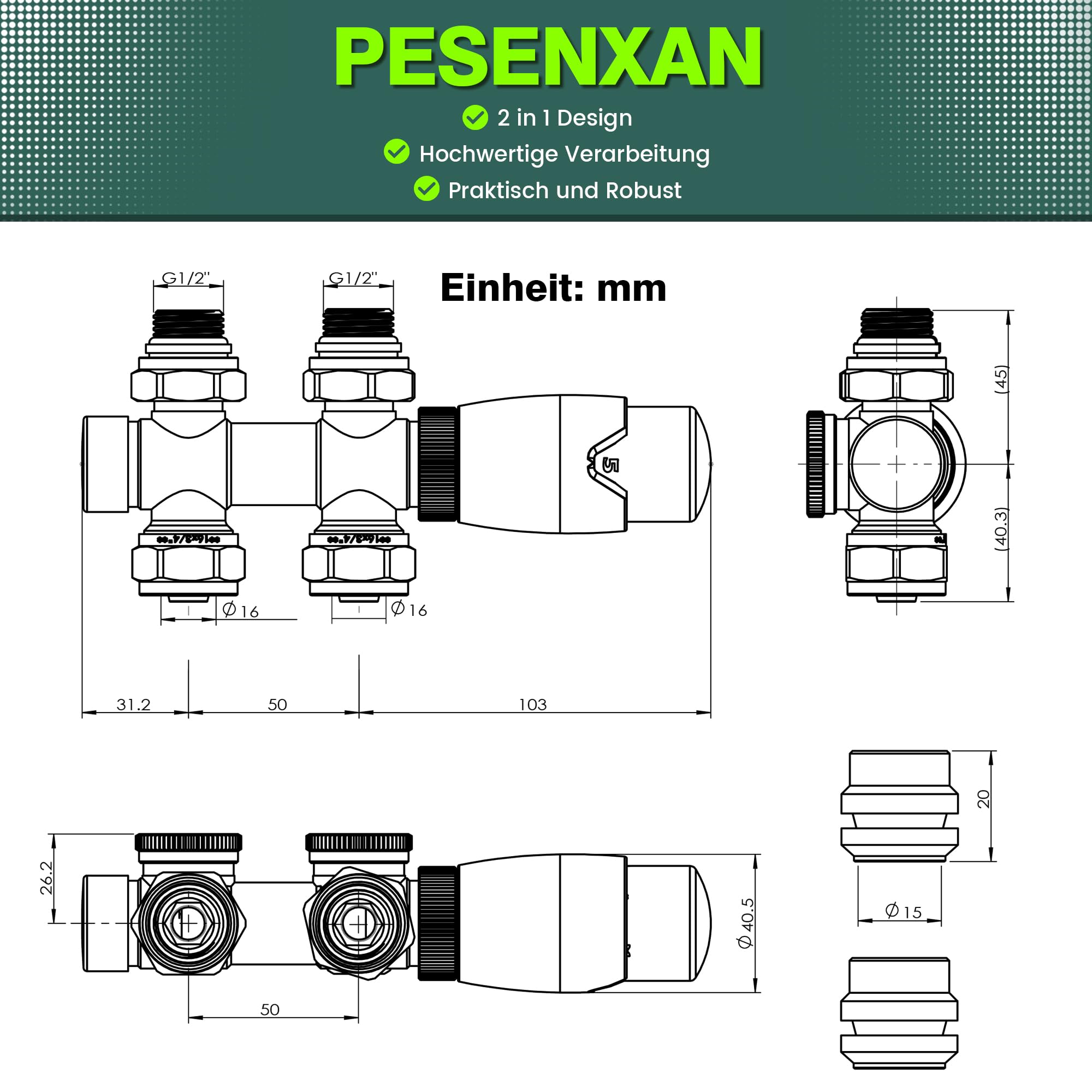 Multiblock Set für Heizkörper Anschlussarmatur mit Thermostat, Hahnblock Heizkörper Ventil Eck- und Durchgangsform 50mm, Heizkörperventil für Badheizkörper Heizungszubehör(G1/2",Anthrazit)