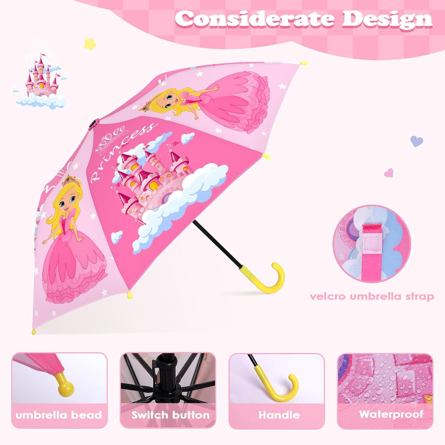 decalsweet Kids Umbrella, Safety Windproof Umbrella with Easy-Grip Hook Handle for Toddler Girls and Boys
