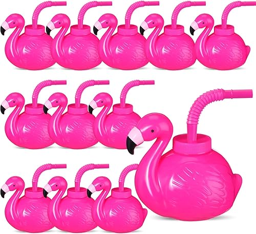 Lallisa Paquete de 12 tazas de flamenco de 17 onzas con pajitas y tapas para decoraciones hawaianas Luau de plástico tropical, playa, verano, para