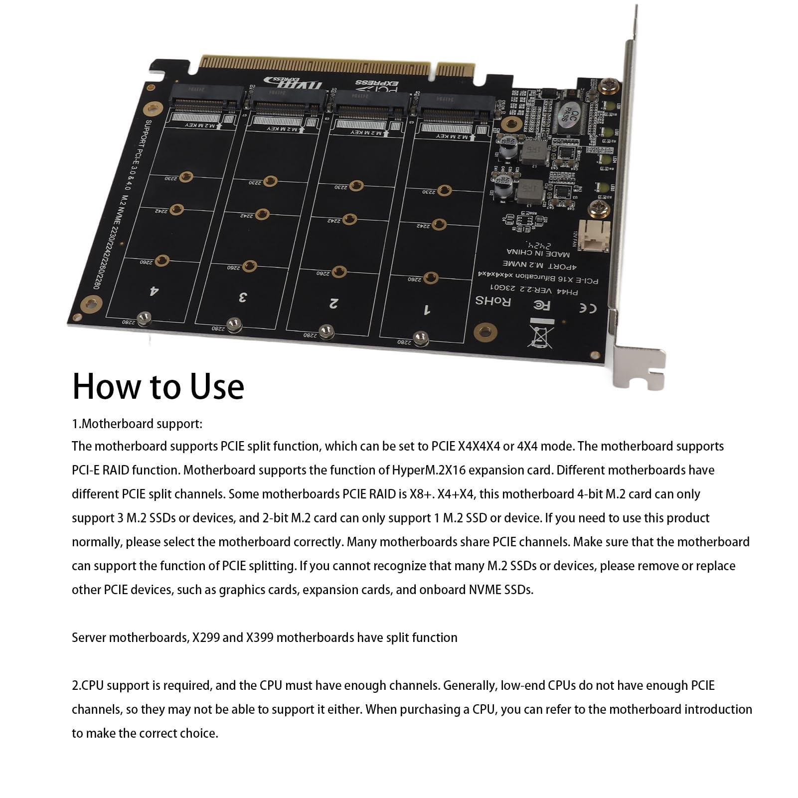 4-portowa Karta Rozszerzeń Kontrolera Hosta NVMe do PCI-e, Adapter M.2 NVME do PCIe X16, Karta Rozszerzenia Czytnika Dysków Twardych z Kluczem M(ph44)