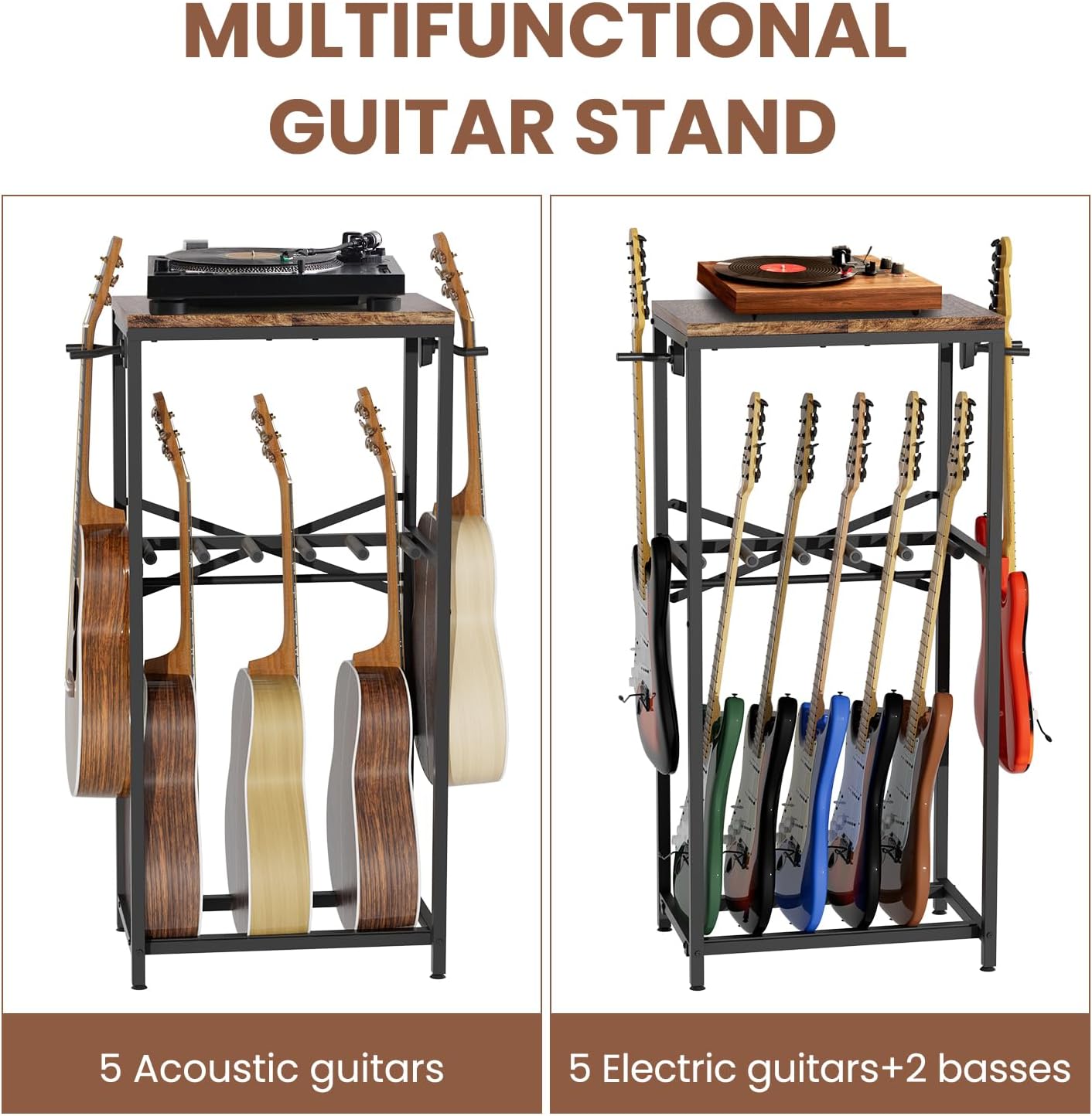 Guitar Stand for Multiple Guitars, Guitar Rack for Acoustic Guitar, Electric Guitar, Bass and Ukulele, Rustic Guitars Display Stand with 2 Guitar Hangers
