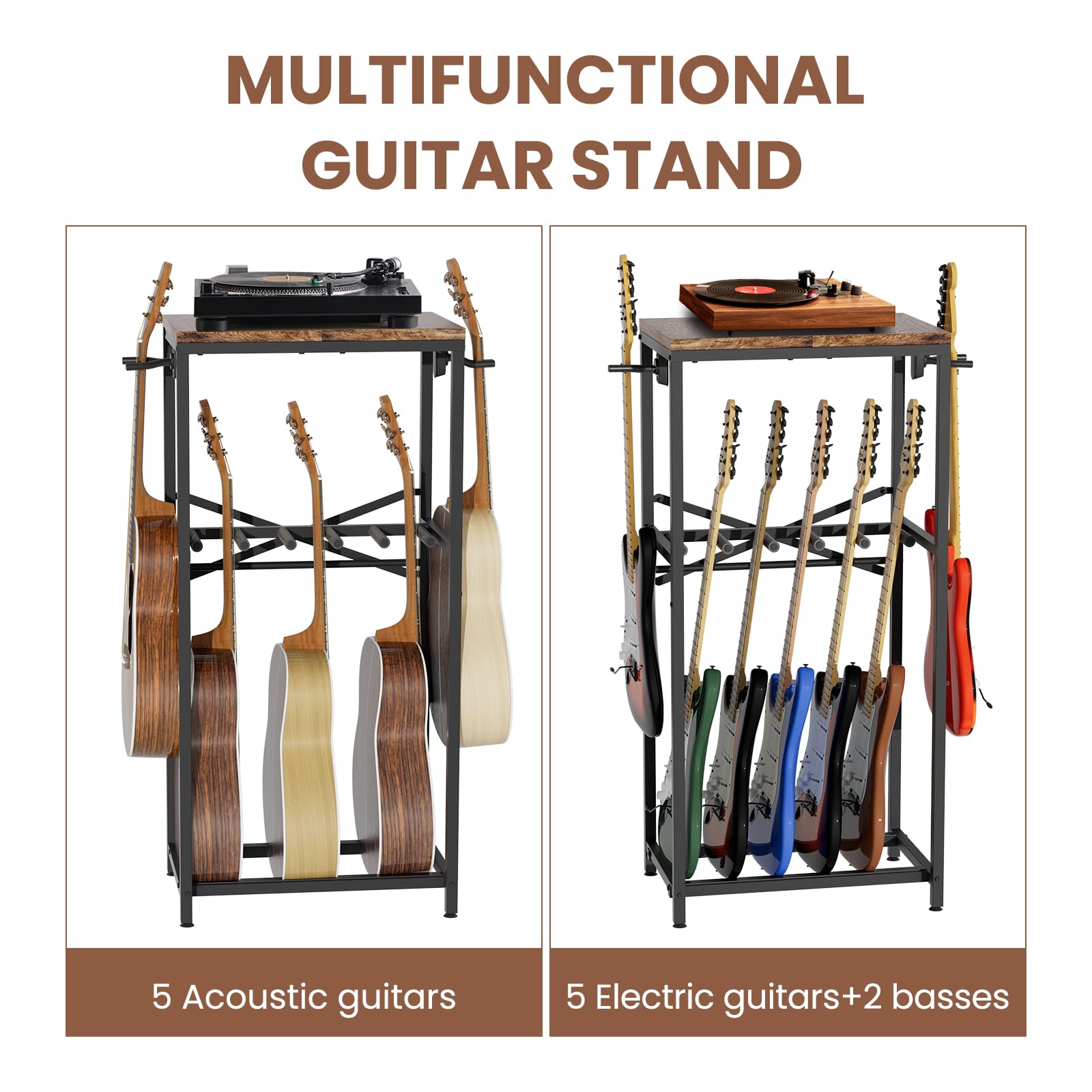 Gitarrenständer für mehrere Gitarren, Gitarrenständer für Akustikgitarre, E-Gitarre, Bass und Ukulele, rustikaler Gitarren-Präsentationsständer mit 2 Gitarrenaufhängern