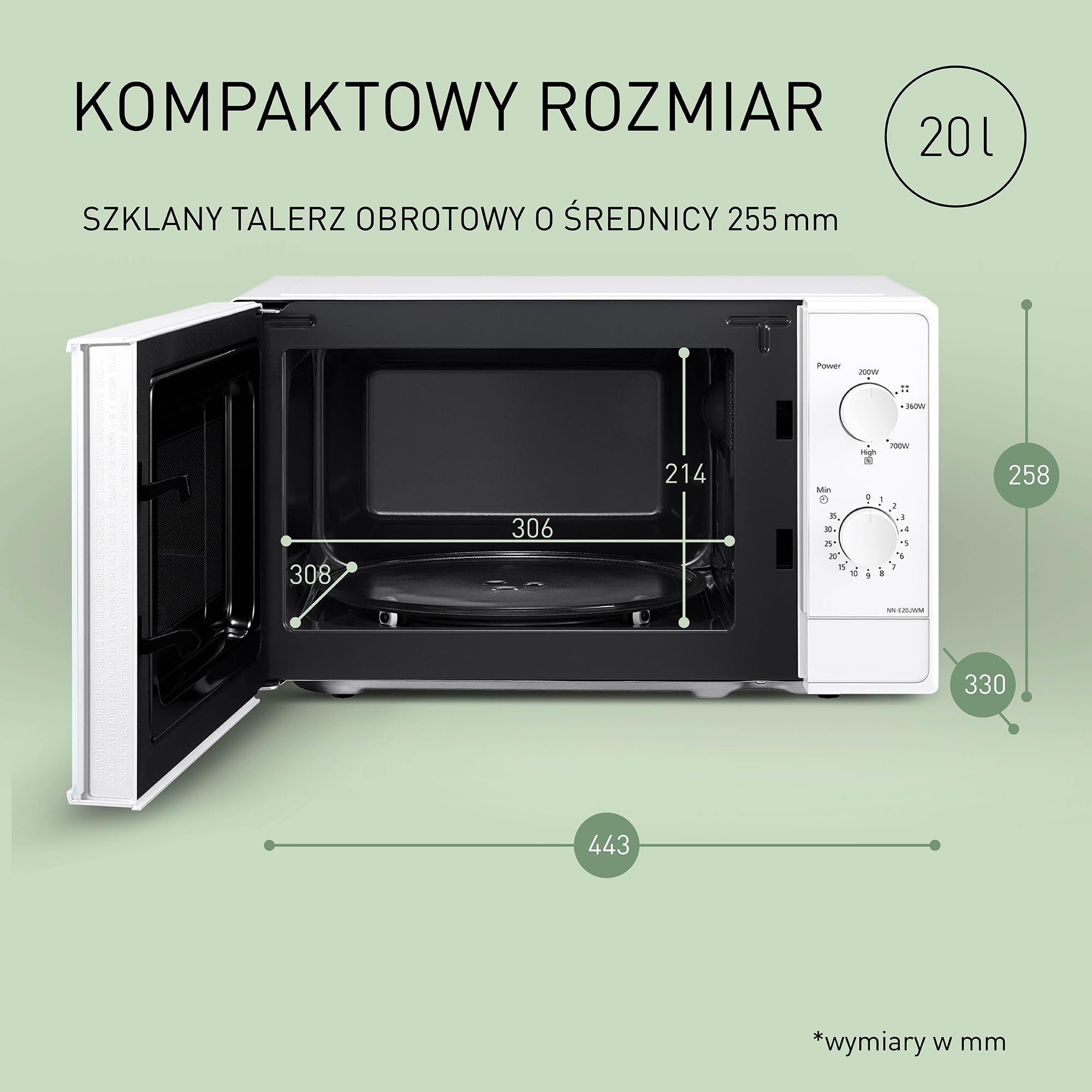 Panasonic NN-E20JWMEBG Kuchenka mikrofalowa ze szklanym talerzem obrotowym, 20 L, 800 W, ustawienie rozmrażania, 5 poziomów mocy, timer, biała