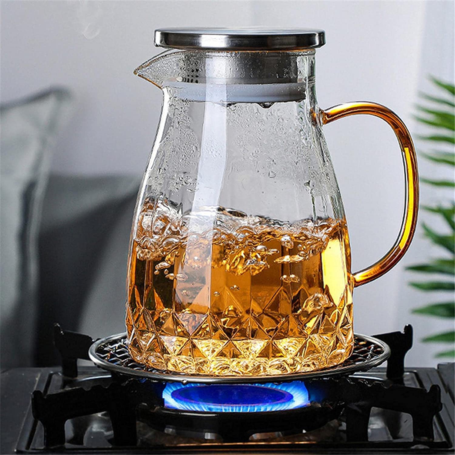 Jarra de agua, jarra de agua de vidrio de 1400 ml, jarras de agua de vidrio con tapas de acero inoxidable, jarra de agua resistente al calor, jarra de té helado para bebidas frías o calientes.