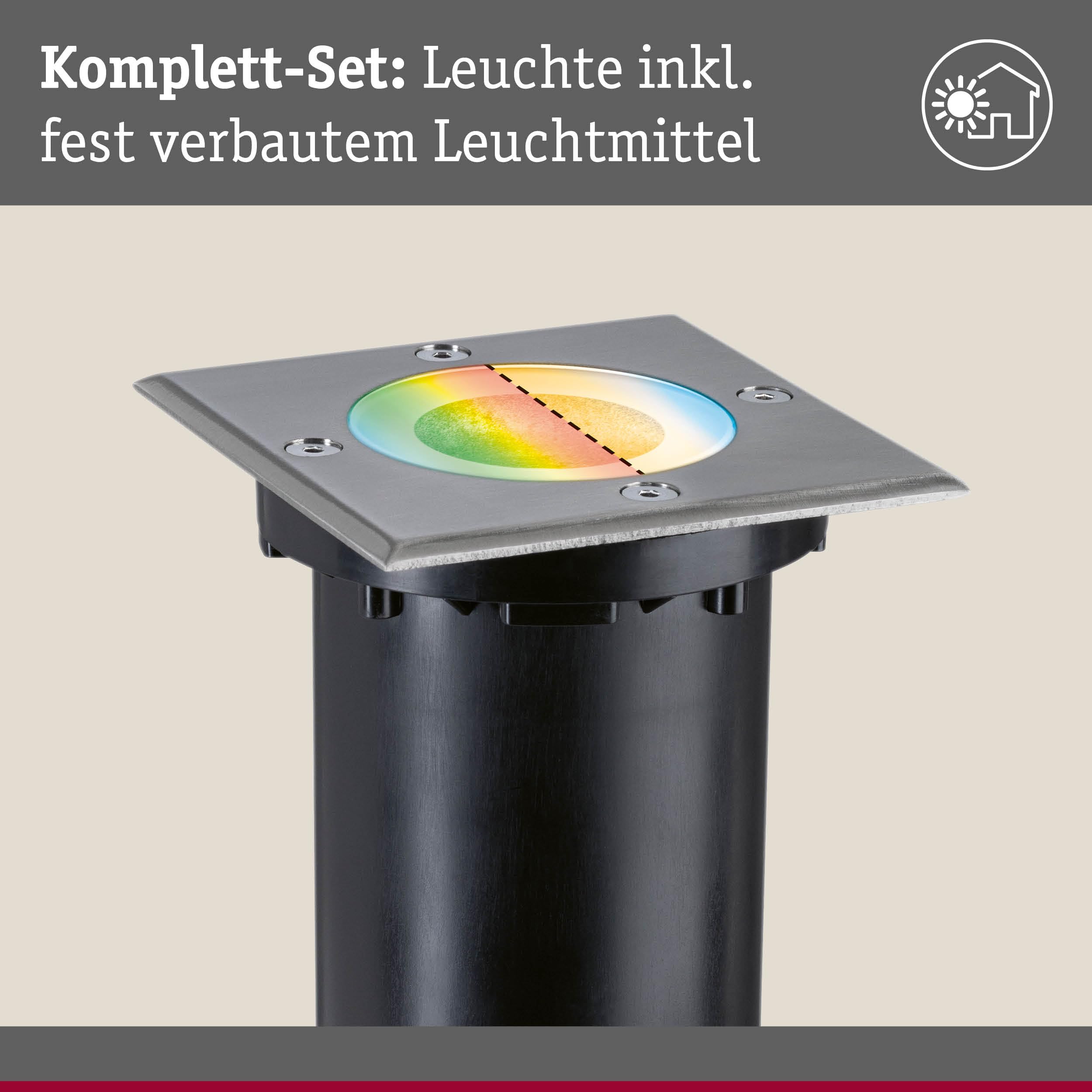 Paulmann 94846 LED Außenleuchte Bodeneinbauleuchte Smart Home Zigbee Floor IP67 eckig 110x110mm RGBW+ 4,9W 300lm 230V Eisen gebürstet Außenleuchte (Packung mit 2)