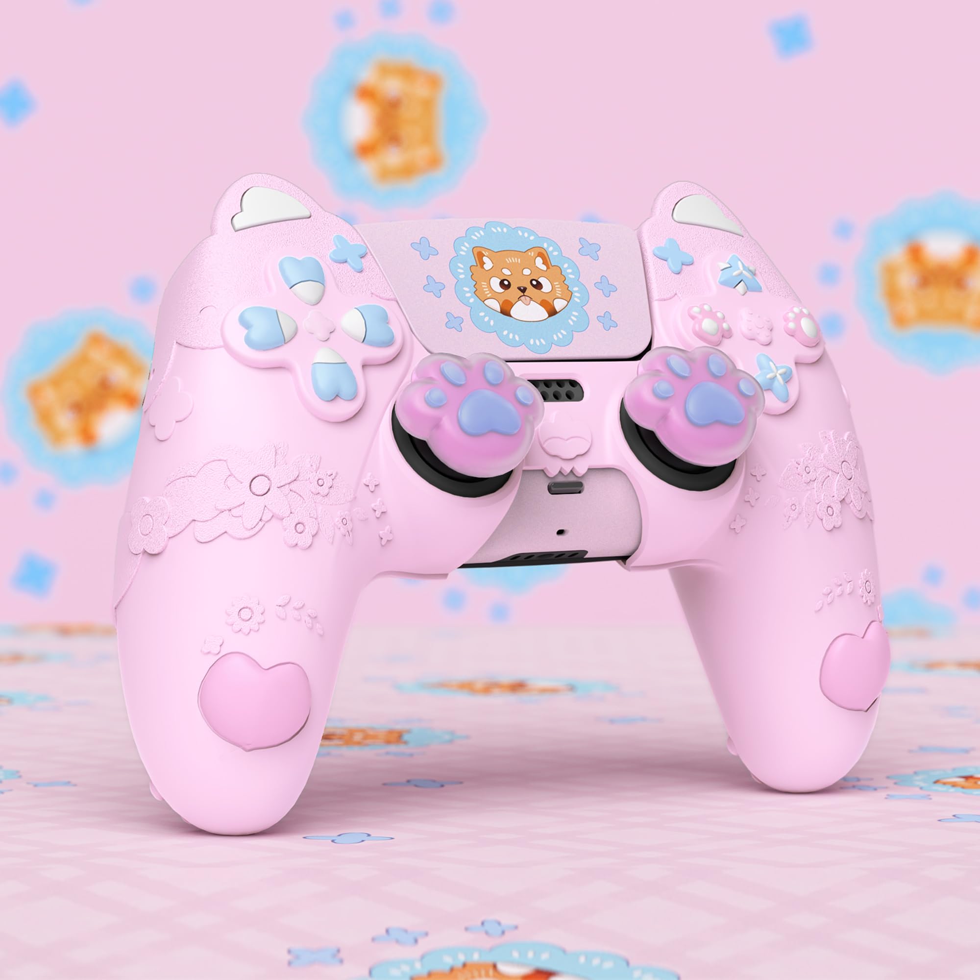 PlayVital Kawaii Funda de Silicona para ps5 Mando - Diseño de Panda Rojo Primaveral, con Tapas de Joystick y Pegatina, Antideslizante y Antigolpes, Compatible con Estación de Carga (Rosa Dulce)