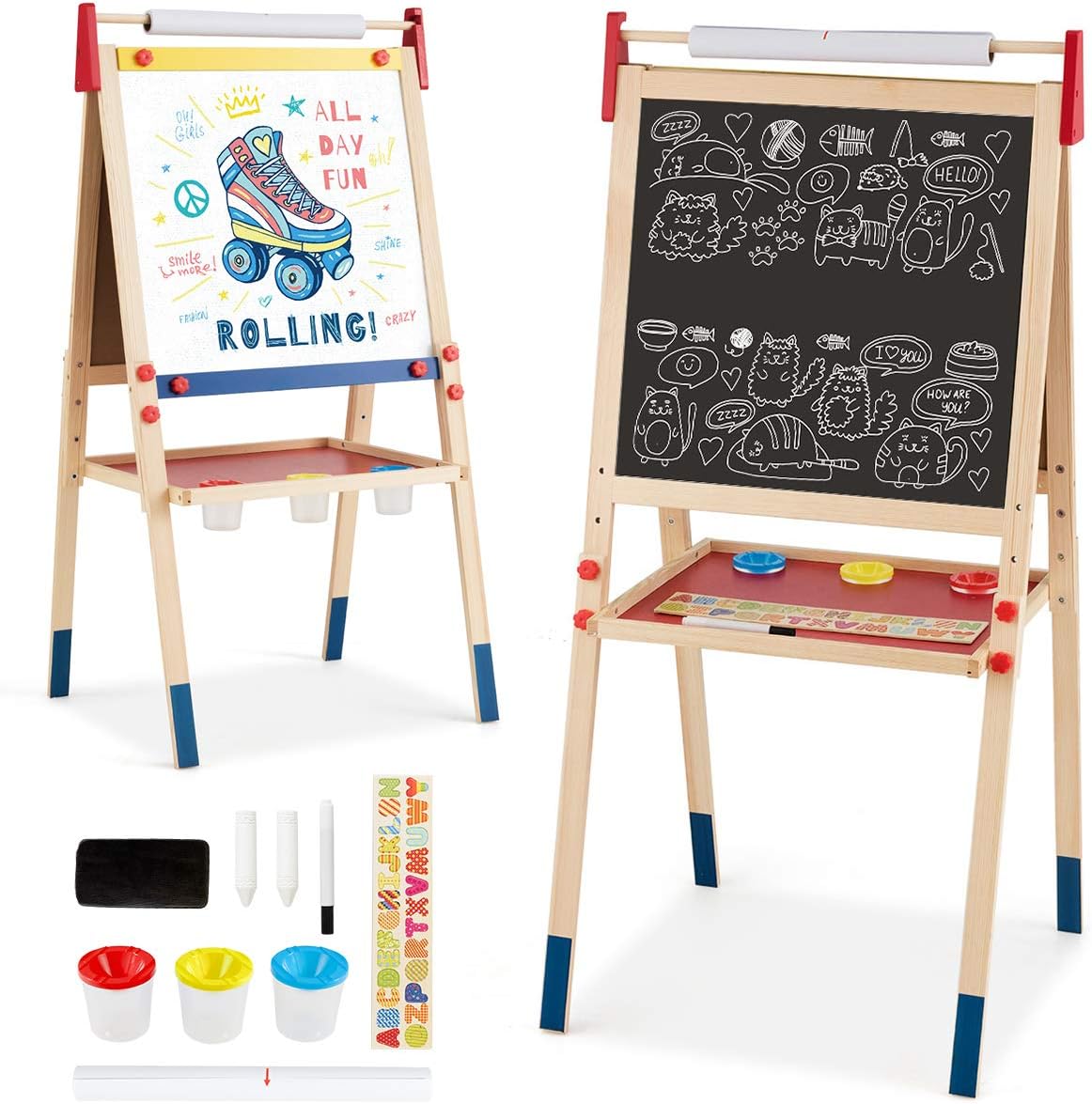 GLACER 3 in 1 Kids Easel, Height Adjustable Standing Kids Art Easel with Magnetic WhiteBoard & Chalkboard, Painting Accessories, Paper Roll, Double Sided Wooden Art Easel for Boys Grils