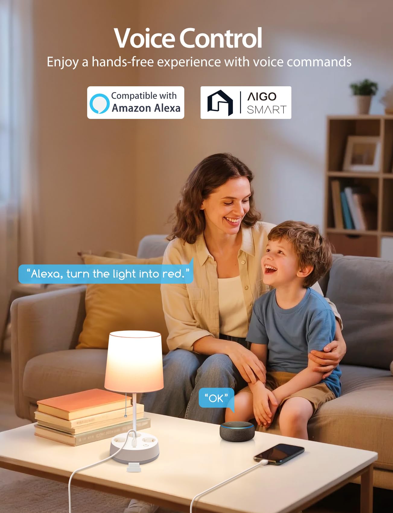 Aigostar- Smarte Tischlampe LED Kompatibel mit Alexa, Bedside Lamp Modern, 2700K-6500K und RGB Dimmbar, mit 3 Steckdosen (Type F), 3 Schnellladeanschlüsse, Fernbedienung und Handyhalterung, Weiß