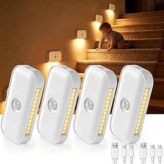 4er Set Nachtlicht mit Bewegungsmelder, USB-C Aufladbares Treppenlicht,Innen Treppenbeleuchtung mit 5 Helligkeit Einstellbare, AUTO/OFF/NIGHT Modi, 2700K Warmweiß für Schlafzimme, Gang, Küche,Flur