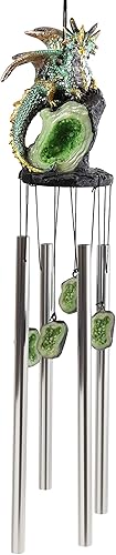 Miniatura 2 de Ebros Gift Figura medieval verde que guarda el dragón esmeralda de cristal de geoda de roca, corona de campanilla de viento resonante con rocas de