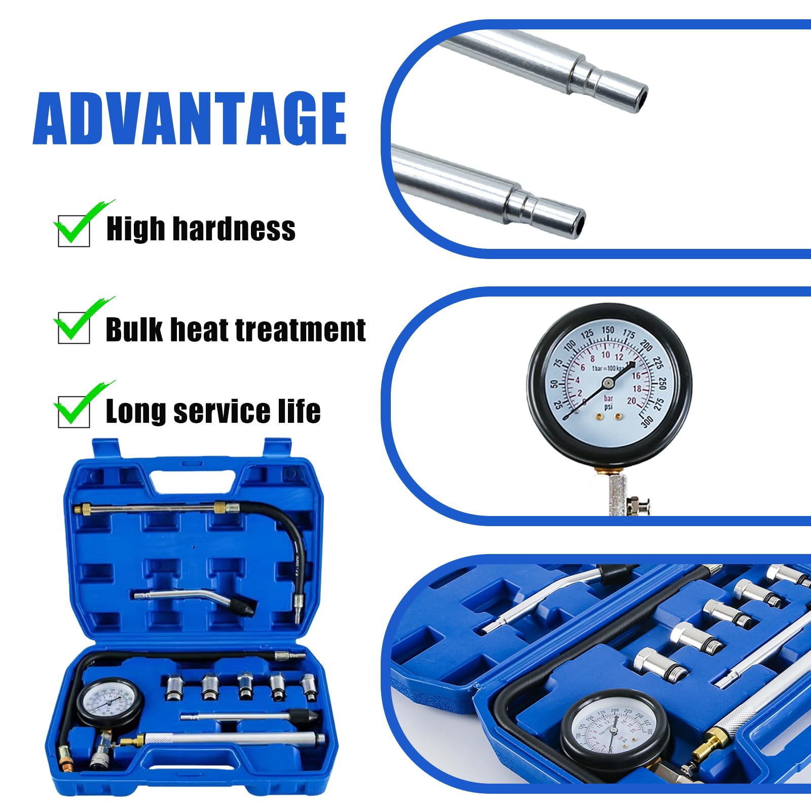 Set di tester di compressione per auto, tester di compressione, motore a benzina, 0-300 PSI/0-20 bar, tester di compressione per auto, benzina, controllo della compressione, misuratore di compressione