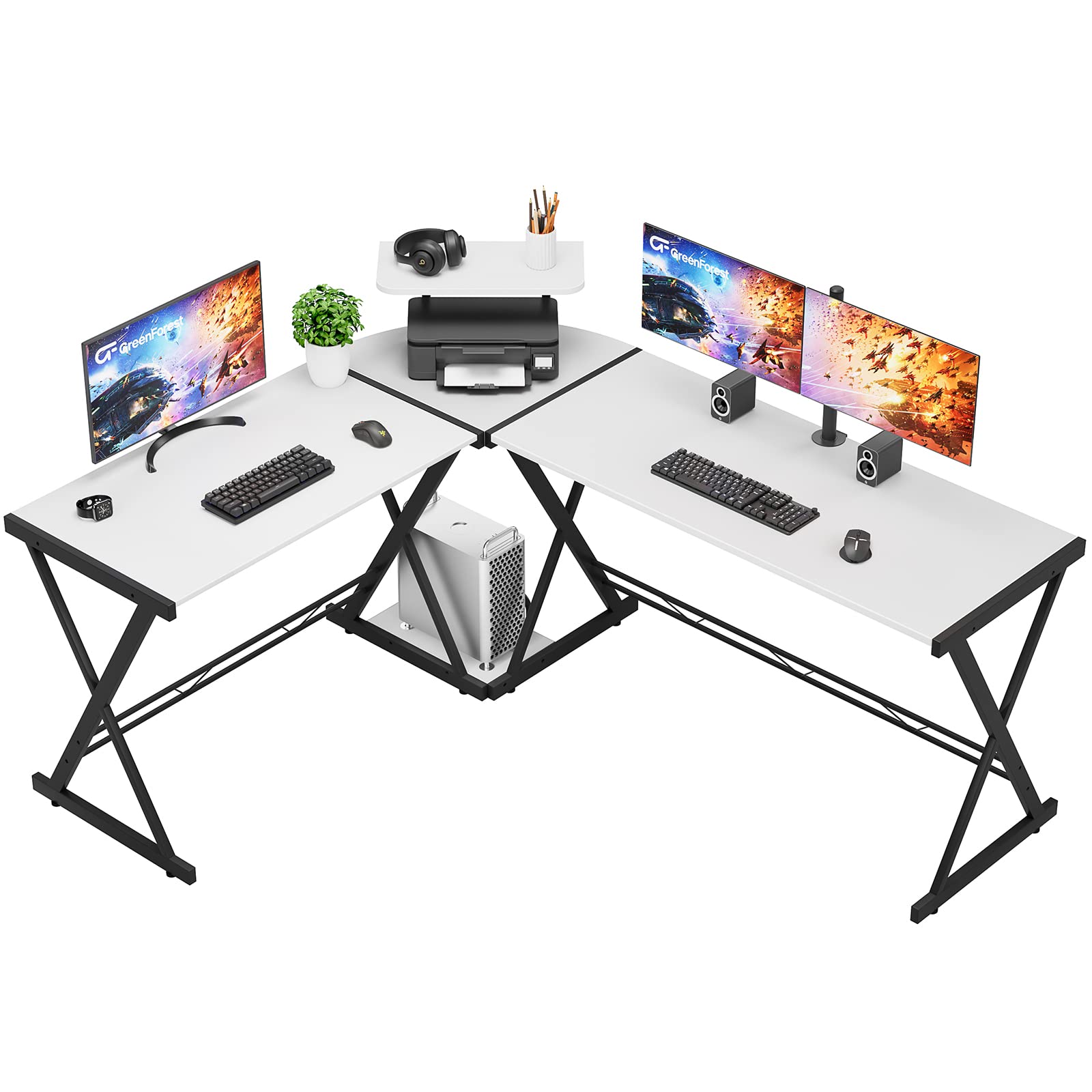 GreenForest L Shaped Computer Desk Large Size Reversible Corner Computer Desk 64 inch with Large Monitor Stand and CPU Stand, Home Office Study Writing Desk Workstation, Space Saving, White