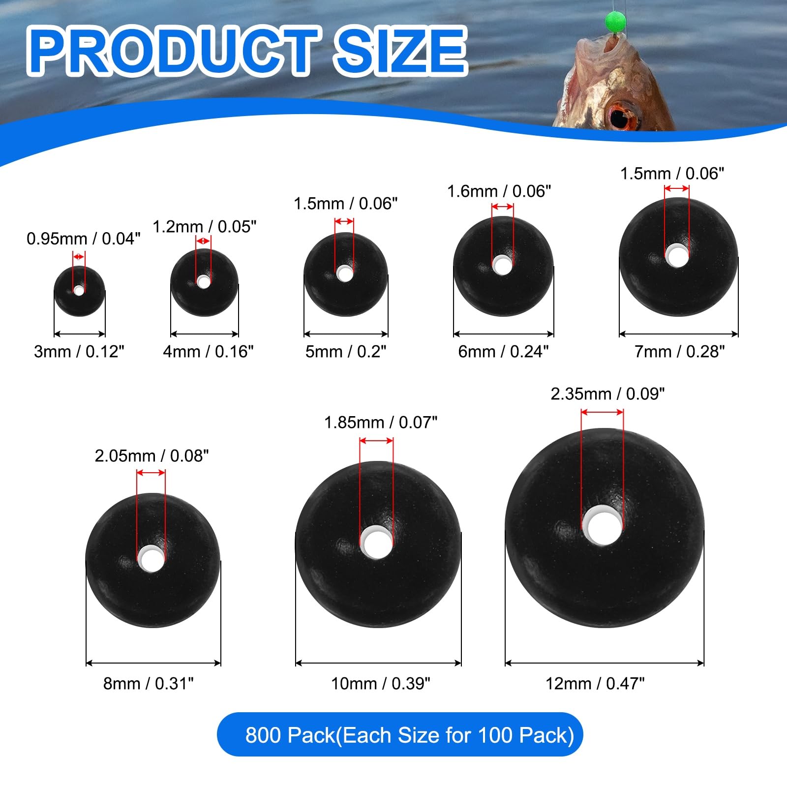 YELARXI Fishing Beads Holographic Soft Plastic Fishing Bait Eggs Lure Rigs Accessories, 3/4/5/6/7/8/10/12 mm Fit for Saltwater Freshwater - Round (800 Pack, Black)