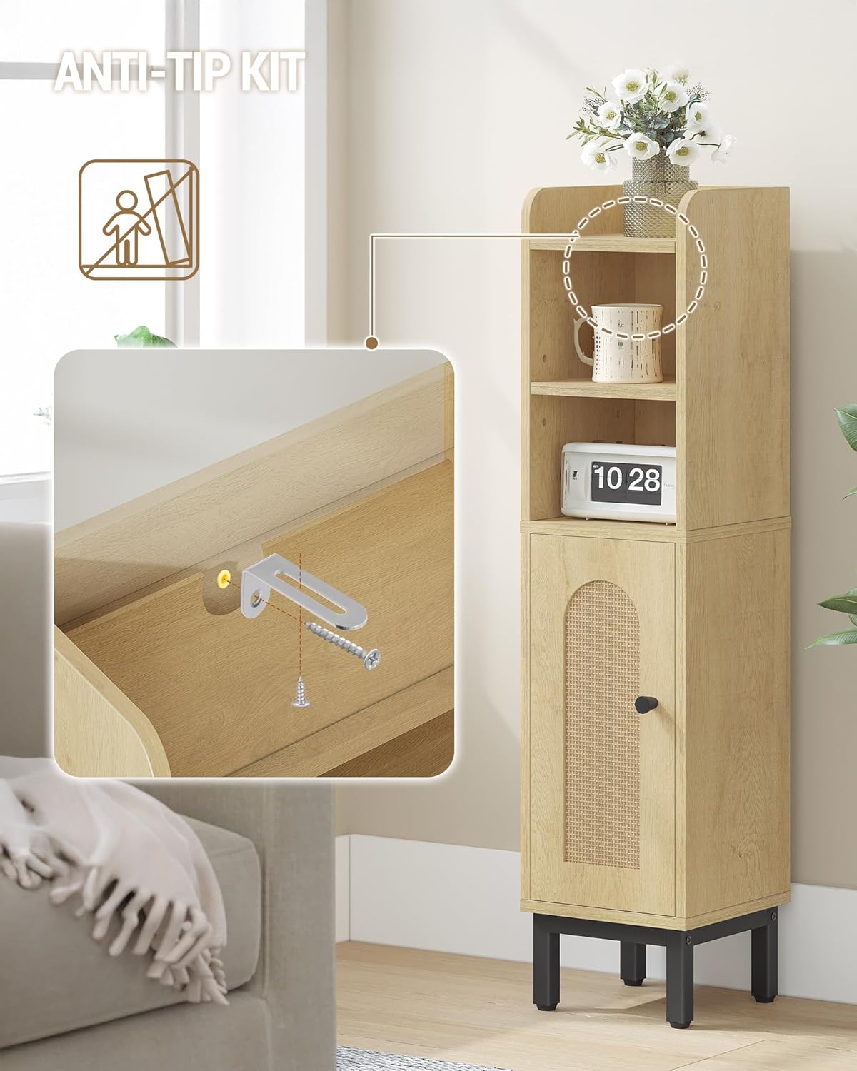 Hzuaneri Bathroom Storage Cabinet, Small Corner Floor Cabinet with Door and Shelves, Narrow Toilet Paper Holder, Bathroom Organizer with Adjustable Shelf, for Small Spaces, Rattan Yellow BC08202Y