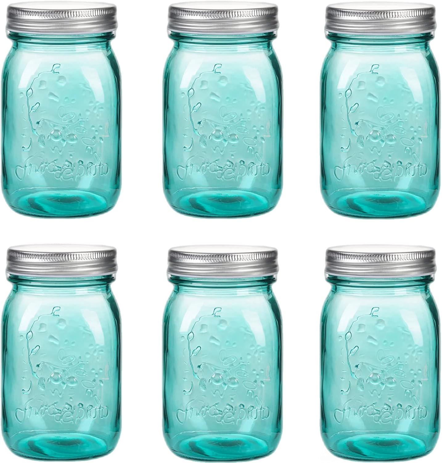 16 oz Teal Mason Jars with Lids，Regular Mouth Canning Jar, 6 Pack Multifunction Glass Container, for Storage, Canning, Pickling, Preserving, Fermenting, DIY Crafts & Decor