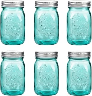 Sponsored Ad - 16 oz Teal Mason Jars with Lids，Regular Mouth Canning Jar, 6 Pack Multifunction Glass Container, for Storag...