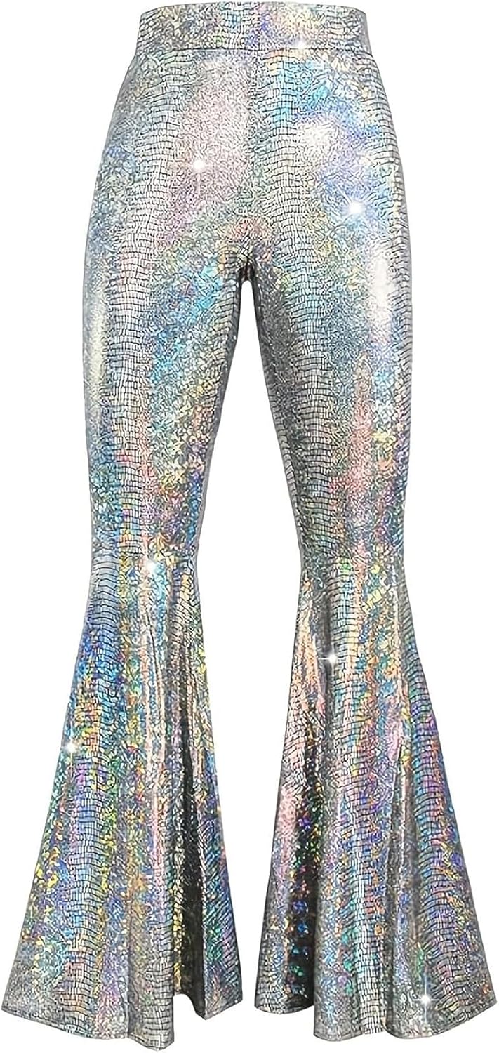 PTLYE 70s Women Disco Sequin Flare Pants Sparkly Bell Bottom Trousers