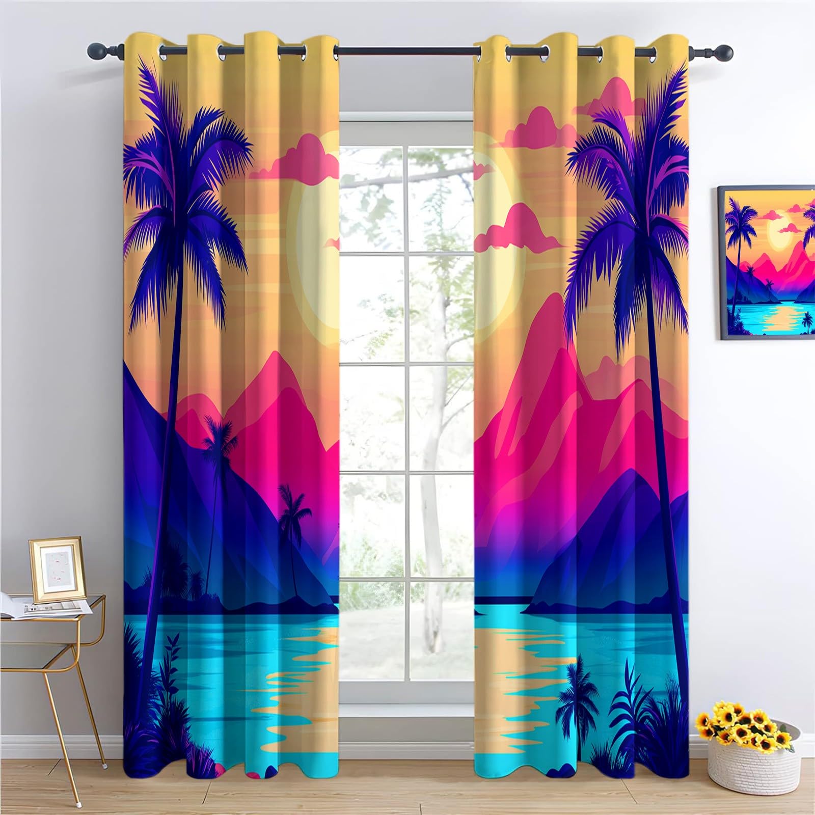 Ocean Theme Palm Tree Termiczna zasłona zaciemniająca 140 x 225 cm Zestaw 2 sztuk, zasłony do salonu, salonu, domu, zaciemniające, izolacja termiczna, ochrona przed zimnem, różowo-fioletowy