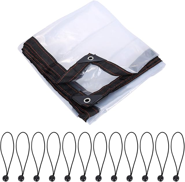 HOPATE 2M X 3M Clear Tarpaulin Waterproof Heavy Duty Tarpaulin with Eyelets Plastic Tarpaulin Sheet Cover with Bungees Ball Cord for Outside Greenhouse Camping Fishing Gardening